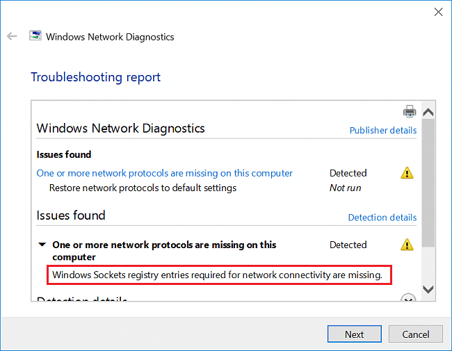 修復網路連線所需的遺失的 Windows 套接字註冊表項