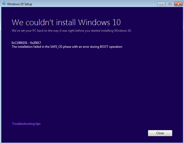 修正我們無法安裝 Windows 10 錯誤 0XC190010 