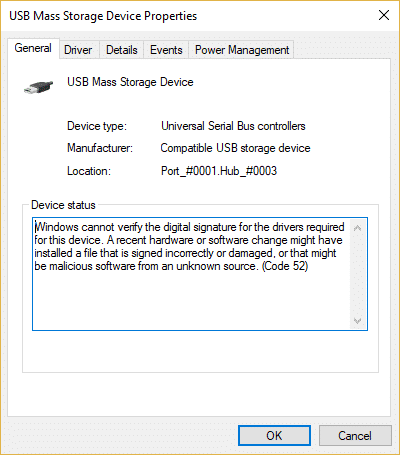 修复USB 52 Windows错误代码无法验证数字签名