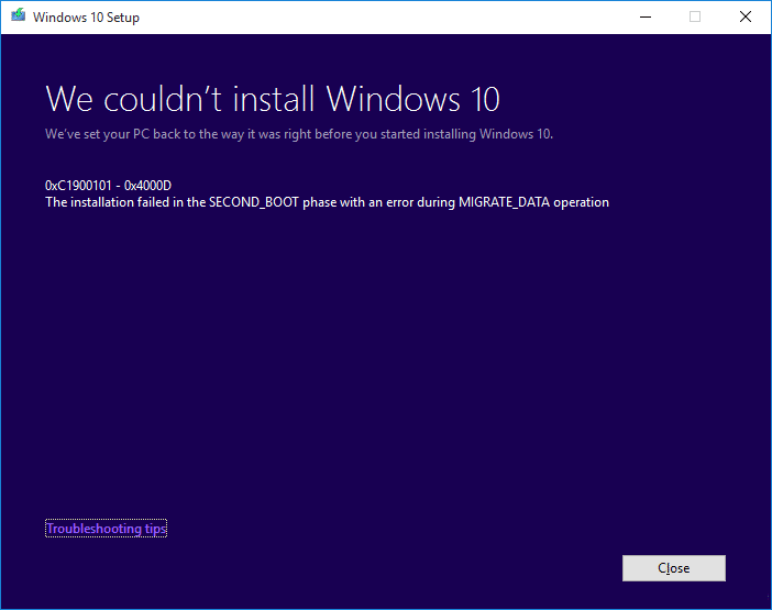 修复Windows 10的安装失败，错误C1900101-4000D