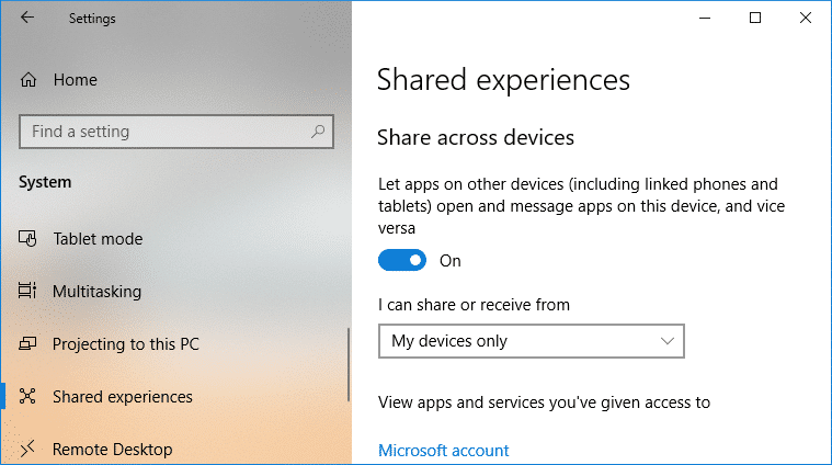 在 Windows 10 中启用或禁用共享体验功能
