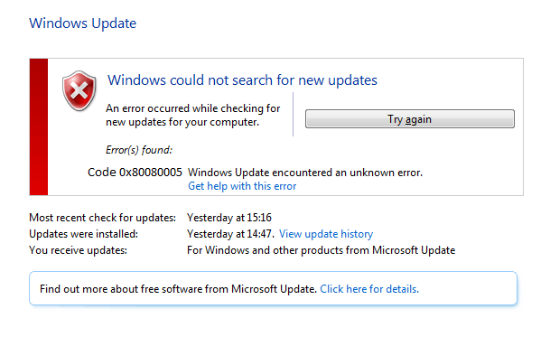 修復 Windows 更新錯誤 0x80080005