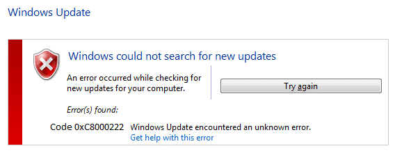 修復 Windows 更新錯誤 0xc8000222