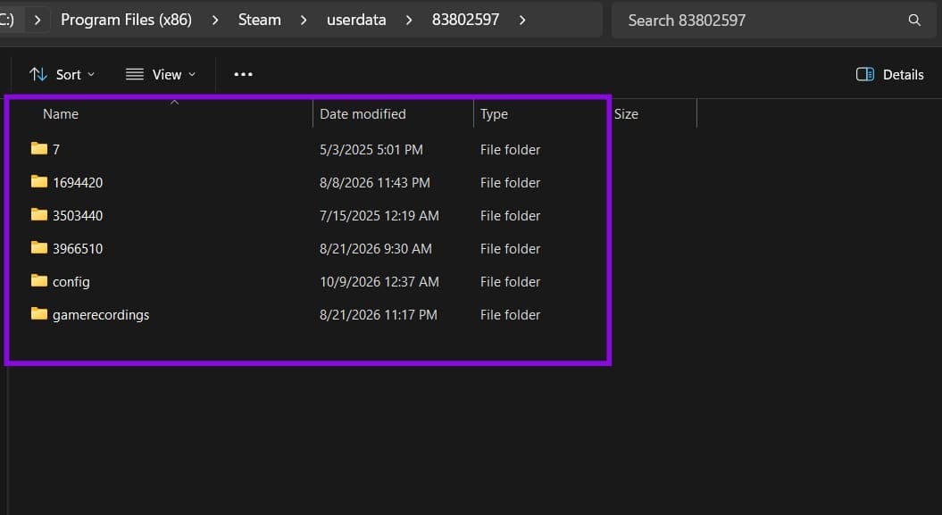 Steam userdata 文件夹中对应游戏 ID 的目录
