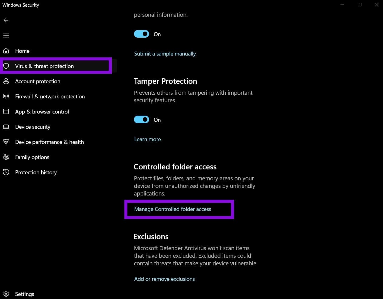 在 Windows 安全中心进入受控文件夹访问设置