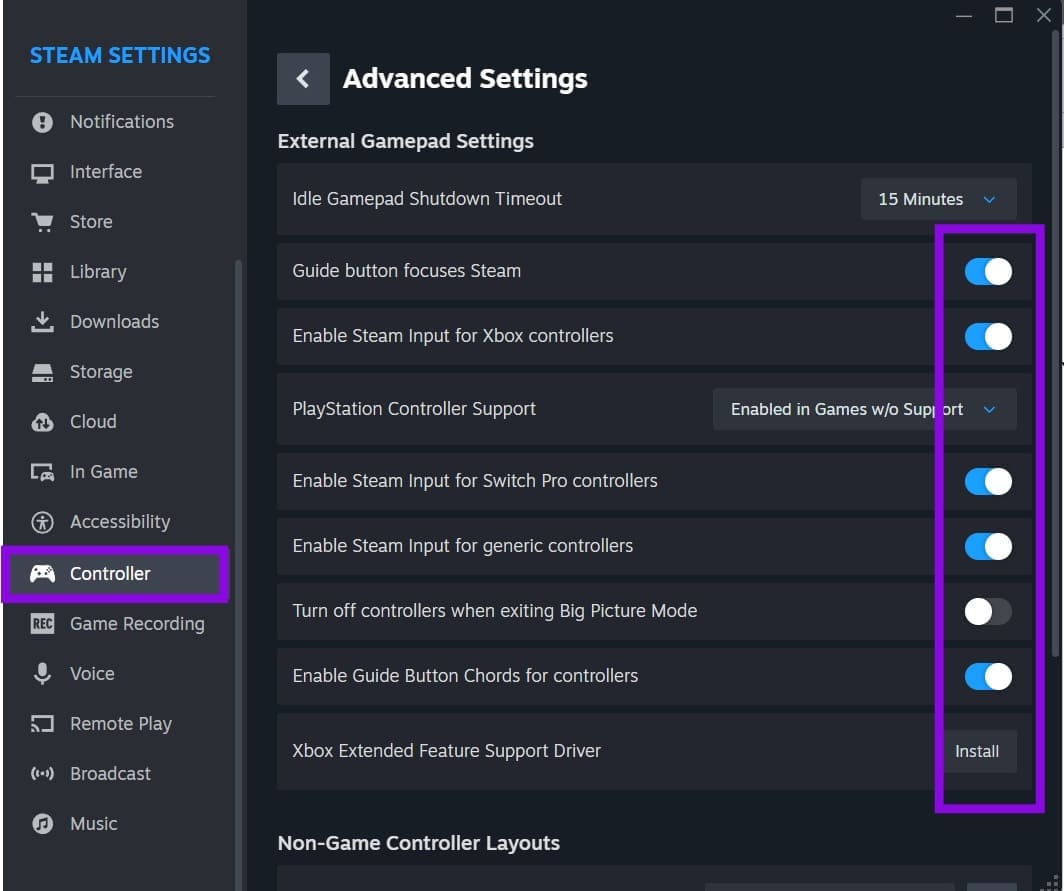 Steam 控制器设置中启用 Steam Input