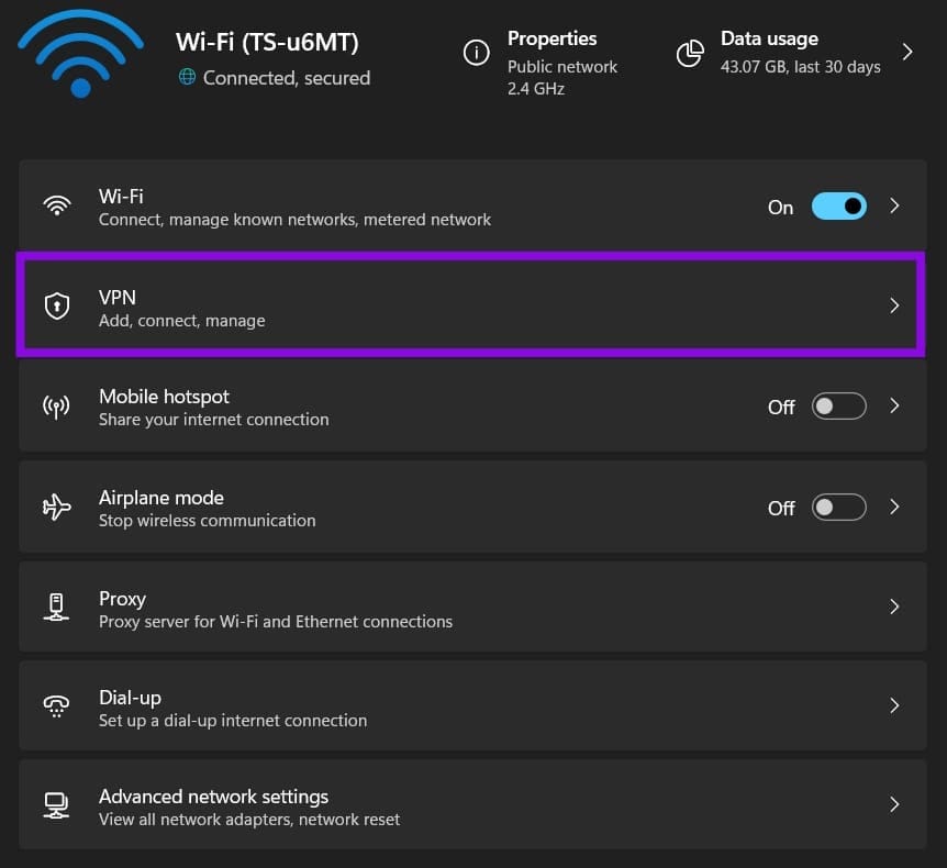 Windows 设置中的 VPN 选项