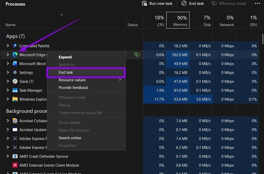 任务管理器中结束 Microsoft Edge 进程